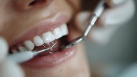 Close-up of dental examination with mirror tool showing healthy white teeth and pink gums during routine oral health checkup procedure.