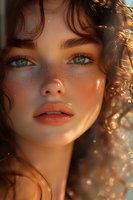 Close up portrait of young woman with green eyes and freckles in warm golden sunlight, curly brown hair catching sunset glow, wearing natural makeup and coral lipstick.