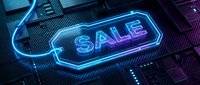 Glowing neon sale tag on dark futuristic circuit board background with blue light effects for tech promotions and digital retail banners.