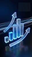 Transparent glass bar chart with upward arrow showing business growth and success on dark blue background with light streaks for financial presentations.