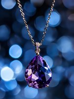 Elegant purple amethyst teardrop pendant necklace on gold chain with sparkling bokeh background for luxury jewelry advertising and fashion design.