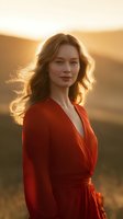 Young Caucasian woman in flowing red dress standing in golden sunset light, wind gently moving her brunette hair, soft natural makeup and serene expression against blurred nature background.