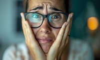 Young Asian woman with glasses expressing shock and worry, holding face with both hands against blurred background with dramatic lighting and bokeh effect.