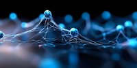 Glowing blue network nodes connected by luminous strands against dark background, representing digital connectivity and neural networks.