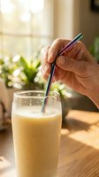 Hand holding metallic straw in glass of creamy smoothie on wooden table with sunlit window and potted plants in background, beverage lifestyle.