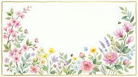 Watercolor floral border frame with pink roses, wildflowers, lavender, and bees on white background, isolated for cards and invitations.