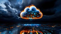 Digital cloud computing concept with glowing orange and blue network connections against dramatic dark sky. Technology infrastructure visualization.