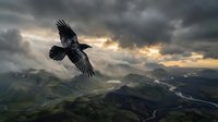 Large black bird soaring over misty mountain landscape at dramatic sunset with storm clouds and golden light breaking through overcast sky.