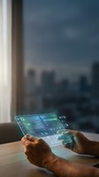 Hands holding transparent holographic tablet with digital interface displaying data analytics and charts against cityscape window background.