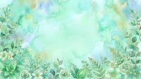 Watercolor floral frame with soft green and blue tones, featuring botanical elements and roses arranged around edges, leaving central space for text or design overlay.