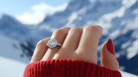 Hand wearing diamond engagement ring in red knit sweater against snowy mountain backdrop for winter wedding and proposal concepts.