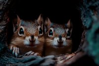 Two curious red squirrels peek out from dark tree hollow, close-up portrait showing bright eyes and cute expressions against moody forest background.