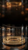 Glowing golden circular light rings on dark platform with bokeh background, suitable for technology, innovation, and futuristic design projects.