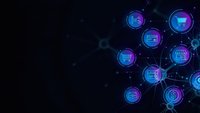 Digital commerce network with glowing blue icons connected by lines on dark background for business technology presentations and marketing materials.
