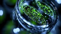 Fresh cannabis buds with crystalline trichomes in glass jar, macro photography showing detailed resin glands and vibrant green color against dark background.