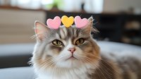 Adorable fluffy tabby cat with colorful heart shapes on head looking directly at camera in cozy home interior setting for pet lover designs.