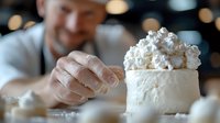 White creamy dessert topped with meringue being served by male chef in restaurant kitchen, selective focus on elegant plated sweet with bokeh background.