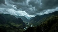 Dramatic mountain valley landscape with winding river, stormy clouds, and dense forest vegetation under moody sky. Perfect for travel, nature, and environmental design projects.