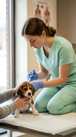 Female veterinarian in mint scrubs examining beagle puppy during checkup at animal clinic with medical chart visible in background for pet healthcare content.