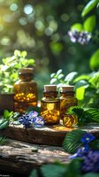 Magical amber glass bottles with essential oils surrounded by fresh violets and green leaves on rustic wooden surface, perfect for wellness, aromatherapy and natural medicine designs.