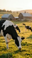 Holstein dairy cow grazing in pasture at sunset with farm buildings and cattle herd in background creating peaceful rural agricultural landscape scene.