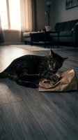 Tabby cat playing with paper bag on wooden floor in modern living room with natural sunlight, furniture, and curtains visible in background.