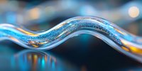 Curved glass wave with blue and gold glitter sparkles on blurred bokeh background, macro photography showing elegant flowing line and reflective surface.