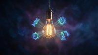 Glowing light bulb surrounded by floating coronavirus particles and DNA strands on dark blue background representing medical research and innovation.