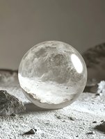 Crystal clear glass sphere resting on textured lunar surface with realistic moon craters and cosmic dust in monochrome sepia tone for space themed designs.