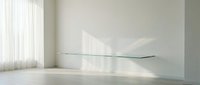 Minimalist modern interior with floating glass shelf on white wall, natural sunlight creating geometric shadows, clean contemporary home design for lifestyle concepts.