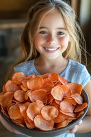 Happy young Caucasian girl with blonde hair holding large bowl of homemade sweet potato chips, smiling at camera in warm kitchen setting for healthy snacking.