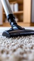 Modern vacuum cleaner head on beige carpet showing close-up detail of cleaning brush and pile texture in home interior setting.