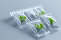 Fresh green leaves sealed in transparent vacuum packages on light background, representing food preservation and sustainable packaging technology.