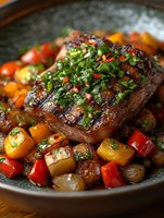 Grilled beef steak with fresh herbs and colorful roasted vegetables in cast iron skillet for gourmet dining and culinary presentations.