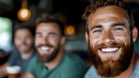 Cheerful bearded Caucasian man smiling at camera with friends in background at casual gathering. Natural genuine expression and warm atmosphere.