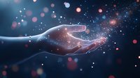 Glowing ethereal hand holds cosmic stardust and light particles against dark space background with bokeh effect, creating magical atmospheric scene.