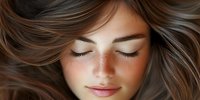 Young woman with freckles and flowing brown hair relaxing with closed eyes and gentle smile, showcasing natural beauty and peaceful expression.