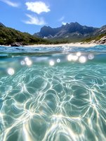 Split view of crystal clear turquoise water with sunlight reflections below surface and majestic mountain peaks rising above sandy beach under blue summer sky.