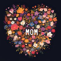 Floral heart arrangement with MOM text centered among colorful wildflowers, daisies and botanical elements on dark background. Mother's day greeting card design.