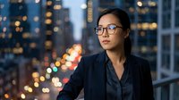Professional Asian businesswoman in glasses looking thoughtfully at city lights through office window during evening hours in modern corporate building.