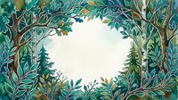 Enchanted forest frame with lush green foliage and trees creating natural border on white background for nature designs and botanical projects.