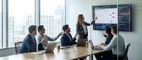 Professional businesswoman presenting financial data analytics on digital screen to diverse corporate team in modern conference room with city skyline view.