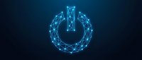 Glowing blue digital power button with network connections and geometric lines on dark background for technology and electronics design concepts.