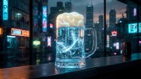 Futuristic holographic beer mug with digital circuit patterns and foam on bar counter in cyberpunk neon-lit cityscape at night for sci-fi concepts.