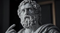 Ancient marble sculpture of bearded man with curly hair pointing upward, dramatic lighting emphasizes classical Greek or Roman art details and textures.