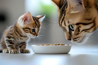 Bengal kitten and adult cat eating from white bowl together, close-up view showing striped fur pattern and focused expressions during mealtime.