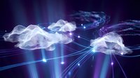 Digital cloud computing network with glowing connections and data streams on dark blue background for technology and internet concepts.