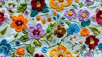 Vibrant floral embroidery pattern with colorful flowers in orange, purple, red, and blue on light blue fabric background showcases traditional needlework technique.