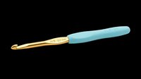 Crochet hook with gold metal shaft and teal ergonomic handle, isolated on transparent background, ready for crafting, knitting supply, print on demand, sticker, and clipart design use.