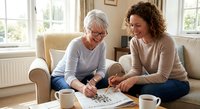 Senior woman with glasses and adult daughter doing crossword puzzle together on living room sofa, intergenerational bonding and family time at home.